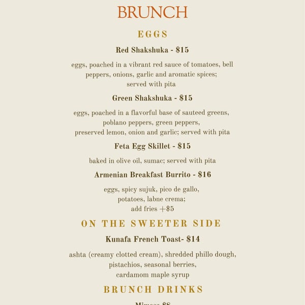 A restaurant brunch menu displaying egg dishes, a sweet item, and drinks.