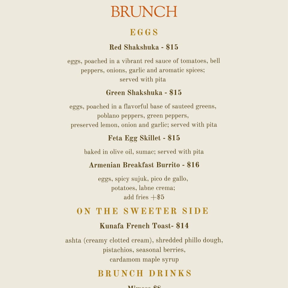 A restaurant brunch menu displaying egg dishes, a sweet item, and drinks.