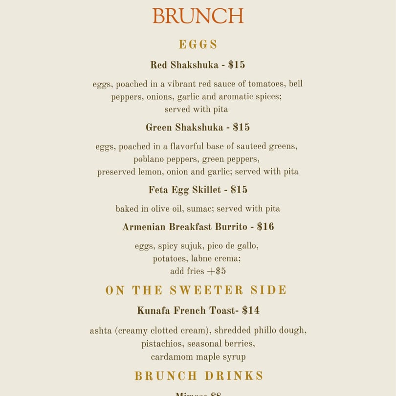 A restaurant brunch menu displaying egg dishes, a sweet item, and drinks.