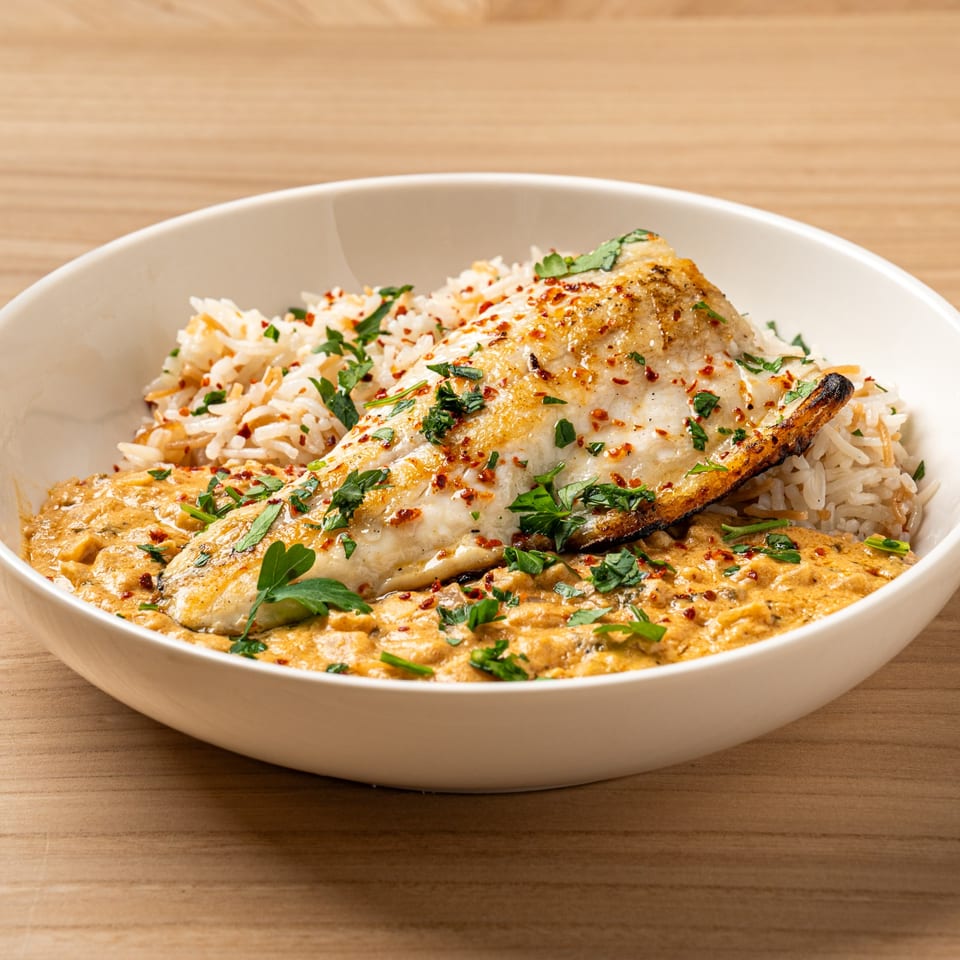 Nour's Lebanese dish with grilled fish, rice, and a creamy sauce, garnished with parsley.