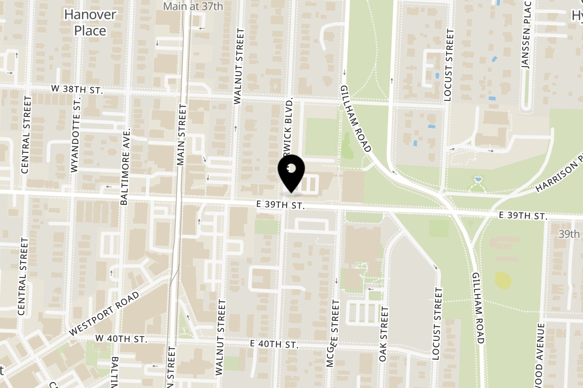 Map showing the location of Nour's on 3855 Warwick Blvd in Kansas City